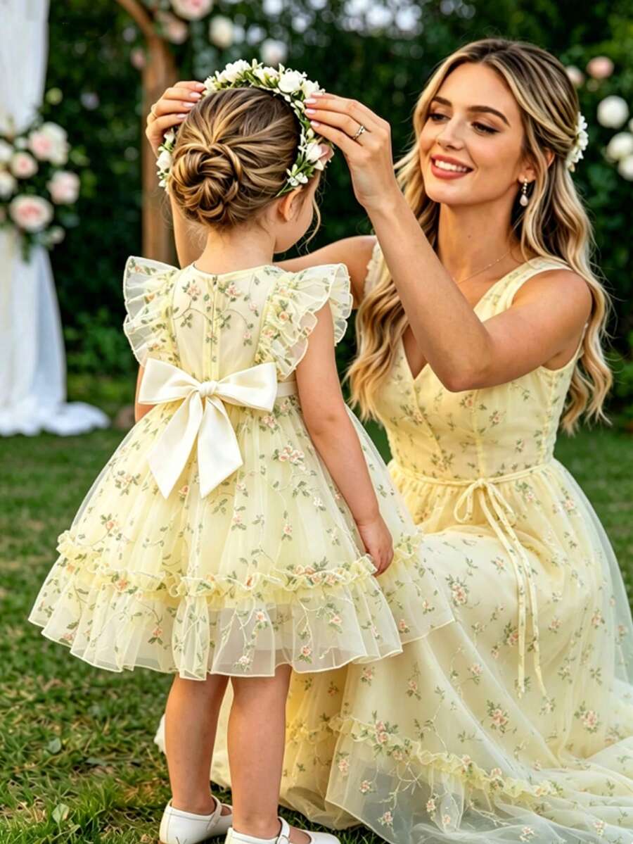 SHEIN Glamorique Kids 刺繡公主洋裝,小飛袖腰部貼身正式洋裝,適用於幼童,四季皆宜 - 彩色 - 查看 1