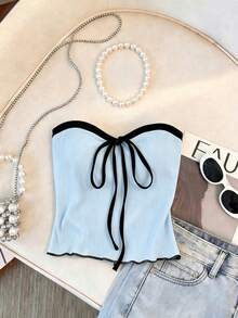 Franclia Women's Elegant Sexy Backless Tube Top Solid White Ribbed Knit Fabric Fitted Versatile Daily Summer Vacation Camisole - Blue - View 4
