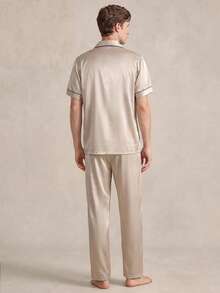 EverLounge 男士撞色单排扣短袖上衣和裤子休闲家居服套装 - 香檳色 - 查看 2