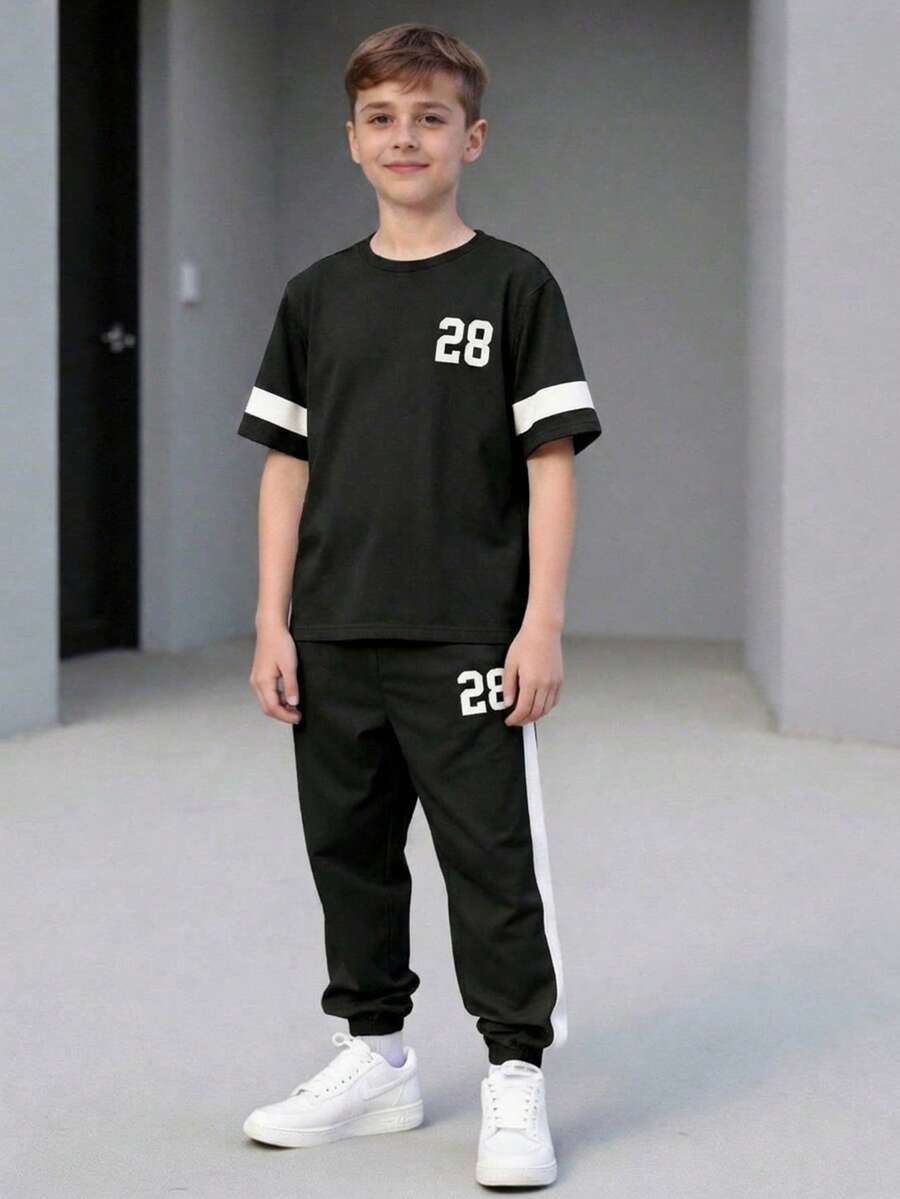 SHEIN 2件/組 青少年男孩休閒極簡數位印花圓領套頭上衣配色設計，適合夏季、運動、跑步、戶外 - 黑色 - 查看 1
