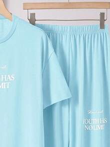SHEIN Dozemod Kids Teen Girl Minimalist Letter Print Round Neck Short Sleeve Pants Knit Casual Pajama Set, 2pcs - Baby Blue - View 6