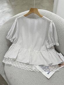 Franclia Blouse chemise décontractée polyvalente pour femme, col en V, imprimé à pois, 2 en 1, avec volants - Nude - Voir 3