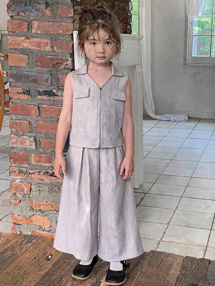Tween Girl Spring/Summer Casual Fashion Daily Commute Minimalist Solid Color Zip-Up V-Collar Sleeveless Shirt And Wide Leg Pants Set