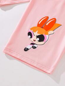 THE POWERPUFF GIRLS X SHEIN Tween Girl Cartoon Pattern Knit Soft Sports Elastic Tank Top And Shorts Set For Pilates, Ballet, Dance, Gymnastics, Competition - Pink - View 8