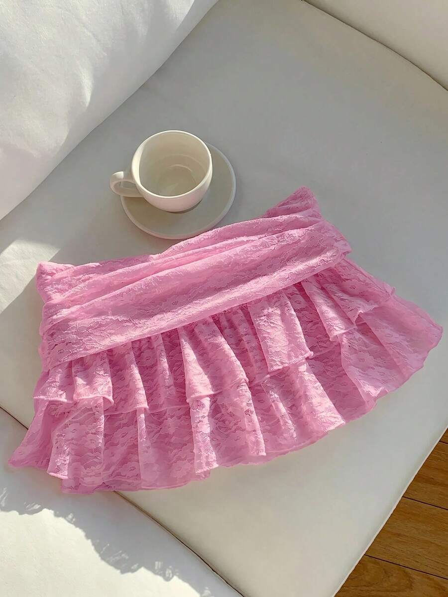Comfortcana 2026春夏新款女式蕾丝荷叶边半身裙,粉色碎花蕾丝层叠半身裙,黑色蕾丝荷叶边沙滩度假休闲半身裙 - 粉色 - 查看 1