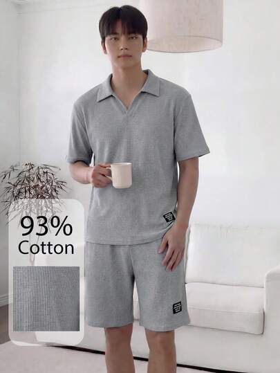 Napfluff 纯色休闲 Polo 领短袖短裤字母装饰男士睡衣套装