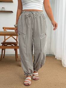 Enliva Plus Size Casual Striped Elastic Cuffed Pants - Black and White - View 3