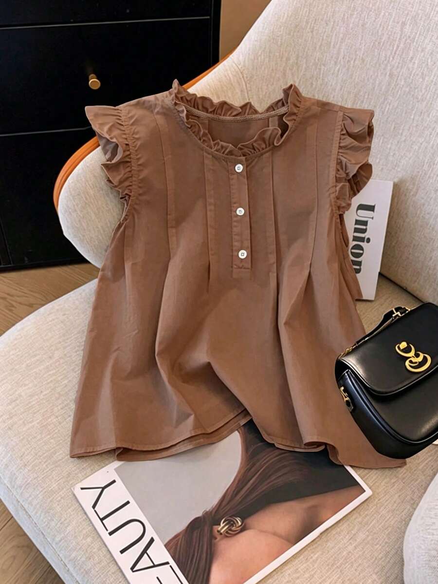 Franclia Women's Ruffle Collar Button Shirt - Coffee Brown - View 1
