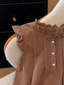 Franclia Women's Ruffle Collar Button Shirt - Coffee Brown - View 3