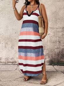 Breezaya Casual Comfortable Striped Fabric Special Shoulder Strap Design Plus Size Dress, Suitable For Spring, Summer, Autumn - Burgundy - View 7