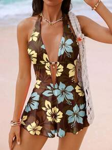 Swim Vcay Pink Floral Print Sexy Party Swimsuit, Beach Vacation Swimskirt For Women - Multicolor - View 5