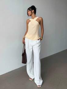 Flora Isola Flora Isola 夏季新款休閒優雅女款針織無袖寬鬆交叉上衣，杏色，適合日常通勤 - 杏色 - 查看 4