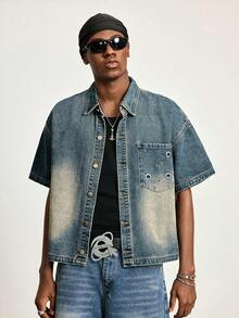 ROMWE MEN Grunge Punk Áo sơ mi denim vintage đã qua xử lý dành cho nam, áo khoác tay ngắn cổ bẻ dáng rộng thoải mái, hàng mới mùa hè. - Màu xanh lam - Xem 6