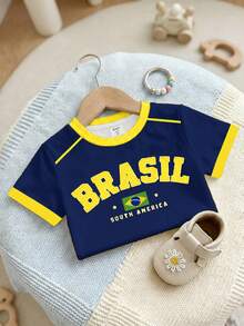 女嬰亮麗陽光黃金色星芒金海岸復古時尚綠色BRAZIL字母對比領休閒極簡短袖修身圓領T恤，適合春夏日常穿著、外出、運動、世界盃、度假、假期，舒適易穿時尚女嬰復古運動字母圖案上衣，新款返校休閒慵懶風穿搭 - 彩色 - 查看 3