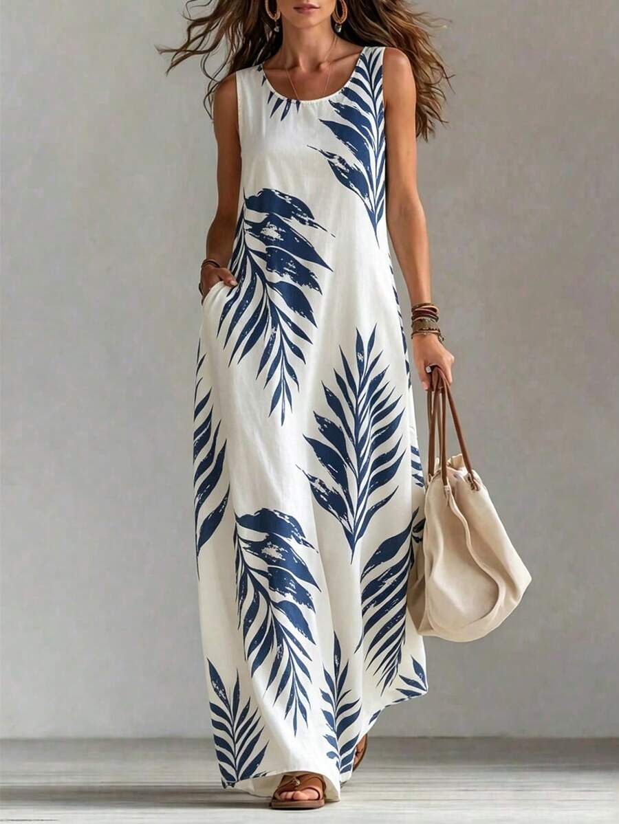 Omancia Damen lässiges, weites, modisches Kleid mit rundem Ausschnitt, Tropenpflanzen-Muster und Taschen, ärmellos, geeignet für Urlaub, Pendeln und den täglichen Gebrauch - Verschiedenfarbig - Übersicht 1