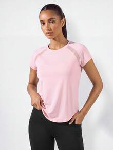 SHEIN BASICS Women Solid Color Round Neck Raglan Sleeve Short Sleeve Sports T-Shirt Gym Shirts - Pink - View 7