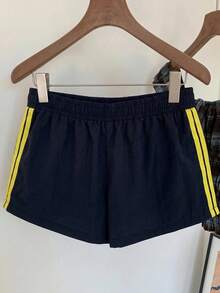 Comfortcana 女款彈性腰海軍藍條紋寬鬆短褲，休閒戶外運動短褲，適合夏季、春季、聖誕節、Y2K、新年等場合，Y2K軍風彈性腰短褲，海軍藍短褲 - 藏蓝色 - 查看 2