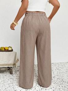SHEIN Frenchy Quần ống rộng phong cách Boho casual công sở thường ngày cho nữ size lớn, thời trang đi nghỉ mát, quần sọc nâu trắng, quần dài đi biển, bộ đồ đi biển cho nữ, trang phục mùa hè cho nữ - Rỉ Nâu - Xem 2