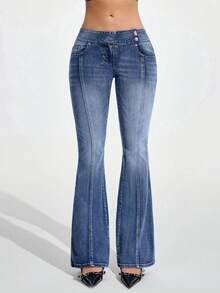 Jeanoix Jeans évasés polyvalents et décontractés pour femmes avec poches - Bleu azur - Voir 7
