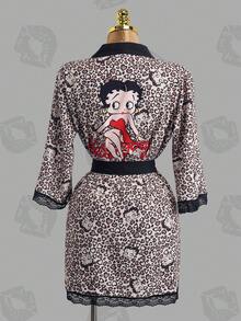 Betty Boop x SHEIN Women's Leopard Print Contrast Lace Long Sleeve Sleepwear Robe, - Brown - View 1
