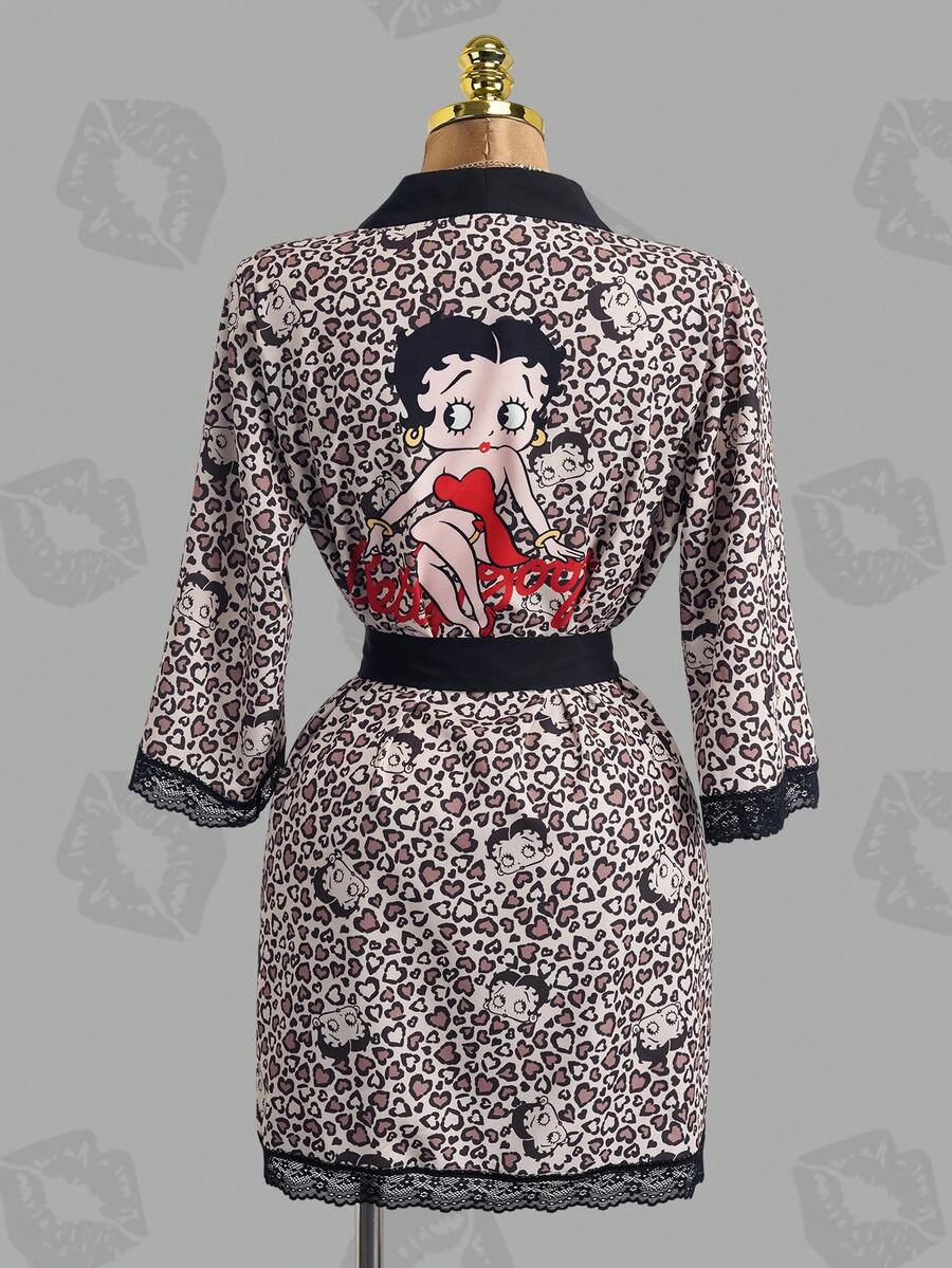 Betty Boop x SHEIN Women's Leopard Print Contrast Lace Long Sleeve Sleepwear Robe, - Brown - View 1