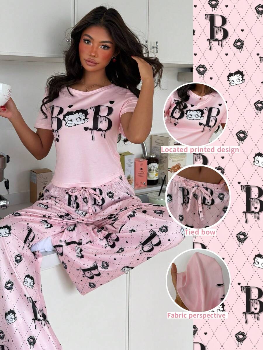 ZzzCrew Betty Boop x SHEIN بيجامة قصيرة الأكمام كاجوال كرتونية للنساء - وردي - مشاهدة 1