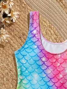 SHEIN Tween Girls Cute Pink One-Piece Swimsuit,Rainbow Ombre Starry Mermaid Scale Print,Modest Comfortable With Chest Pads,Summer Beach Pool Holiday,Surfing - Multicolor - View 5