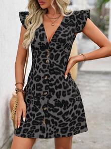 EMERY ROSE Women's Single-Breasted Fashionable Leopard Print Cap Sleeve Dress - Multicolor - View 6
