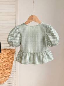SHEIN 女婴可爱百搭格子蝴蝶结短袖上衣，夏季 - 薄荷綠 - 查看 2