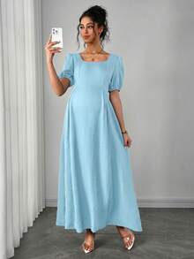 Momance Asymmetric Shoulder Ruched Waist A-Line Elegant Romantic Maternity Dress, Comfortable - Baby Blue - View 6