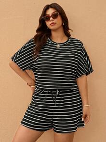 Elaquor Plus Size Women's Round Neck Striped Mid-Sleeve Top And Shorts Casual Suit - Black - View 7