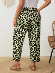 SHEIN Frenchy Plus Size Casual Boho Leopard Print Cropped Pants Vacation Light Green Autumn - Green - View 7