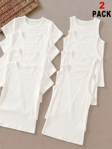 SHEIN Franclia 两件套白色叠穿背心，夏季新品系列：白色百搭通勤背心 - 适合约会、通勤、度假，优雅女士上衣。背心款式，圆领T恤，夏季上衣T恤背心，女士背心，优雅背心，优雅女士上衣T恤 - 白色 - 查看 3