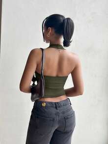 leahseptember Sexy Solid Color Low-Cut Backless Halter Neck Top, Summer - Army Green - View 4