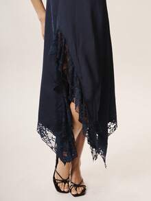 Willow Rêve Navy Blue Satin Asymmetrical Lace Back Tie Waist Dress - Navy Blue - View 5