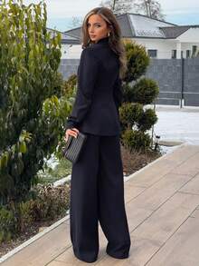 Jeta Ari Women's Solid Color Lapel NeckLong Sleeve Jacket And Pants Commuter Daily Basic Suit Set In Fall/Winter,Old Money Style,Dark Blue Business Suit,Business Commuter Two-Piece Set - Navy Blue - View 2
