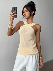 Flora Isola Flora Isola 夏季新款休閒優雅女款針織無袖寬鬆交叉上衣，杏色，適合日常通勤 - 杏色 - 查看 6