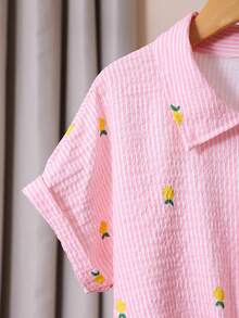 2pcs Girls Striped Textured Fabric Short Sleeve Shirt And Casual Pants Set - Pink - View 5