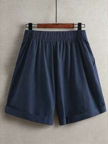 Linhara Plus Size Women Solid Color Casual Versatile Daily Wear Shorts - Blue - View 2