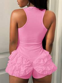 BamGleam Women's Solid Color Square Neck Ruffle Hem Jumpsuit Club Night Light Pink Summer Rave - Pink - View 2