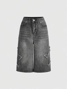 ROMWE Grunge Punk Celana Capri Denim Kaki Lebar Gaya Jalanan Vintage Unisex Kasual dengan Patch Lima Bintang, Cocok untuk Sekolah - Grey - View 3