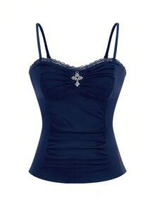 ROMWE Goth Top con colgante de cruz gótica, patchwork de encaje y fruncido para mujeres - Azul Marino - Ver 2