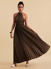 Travachic Women's Spring/Summer Elegant Sexy Commuting Travel Pleated Halter Tie Waist Dress Golf Pastal - Coffee - View 4