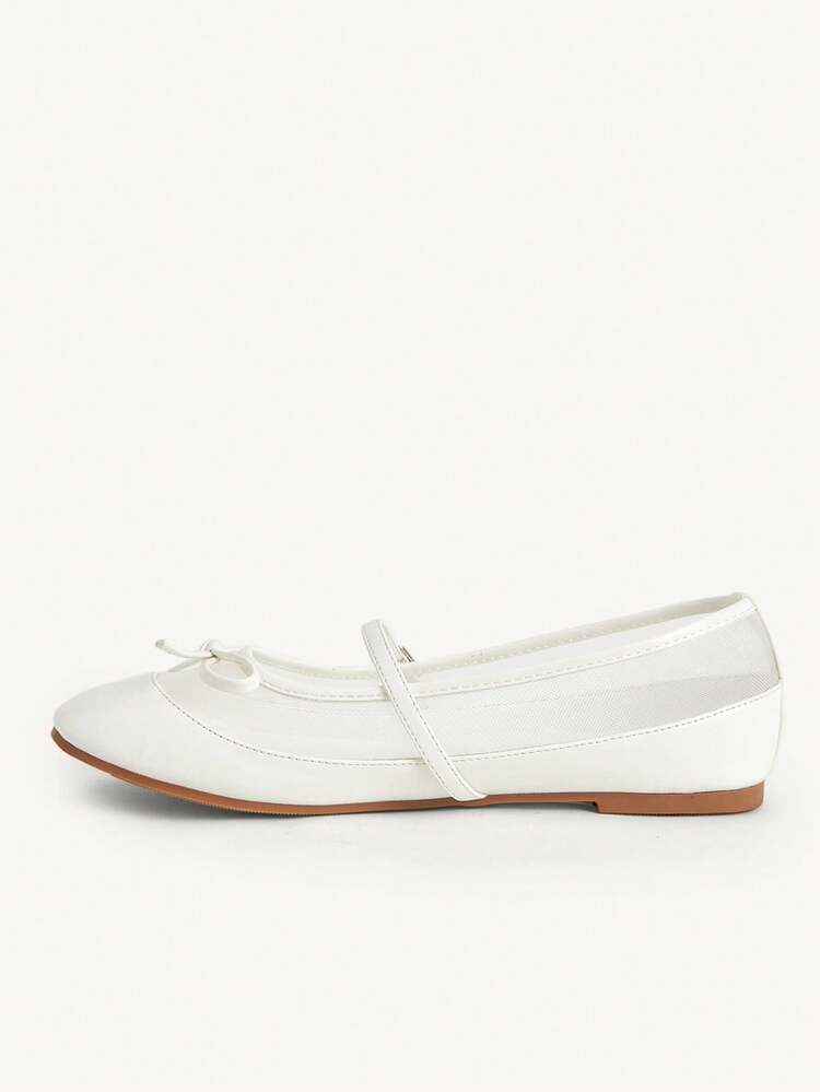 CUCCOO CHICEST Ladies White PU Mesh Splicing Bow Round Toe Fashionable And Comfortable Daily Travel Cute Girl Flat Shoes