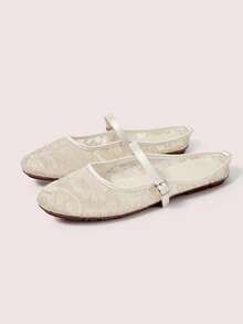 CUCCOO DOLLMOD Women's Shoes, Apricot, Round Toe Dew Heel Closed Toe Sandals, Flower Embroidered Mesh Yarn, Sweet And Cute, Comfortable, Soft And Breathable - Seaweed - Apricot - View 2