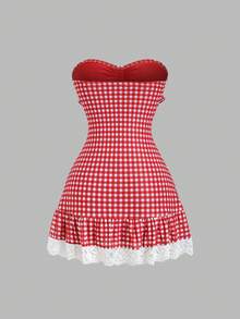 Sunnyshic Women's Casual Vacation Style Ruffled Floral Lace Patchwork Red Plaid Mesh Slim Fit Beach Dress - Multicolor - View 2