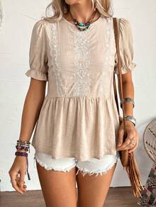 LanaWest Damen neue braune Bluse mit rundem Ausschnitt, elastischer Taille, Kurzarm, Rüschensaum, Stickerei, Retro-Casual-Boho-Western-Stil, Frühling/Sommer - Khaki - Übersicht 7