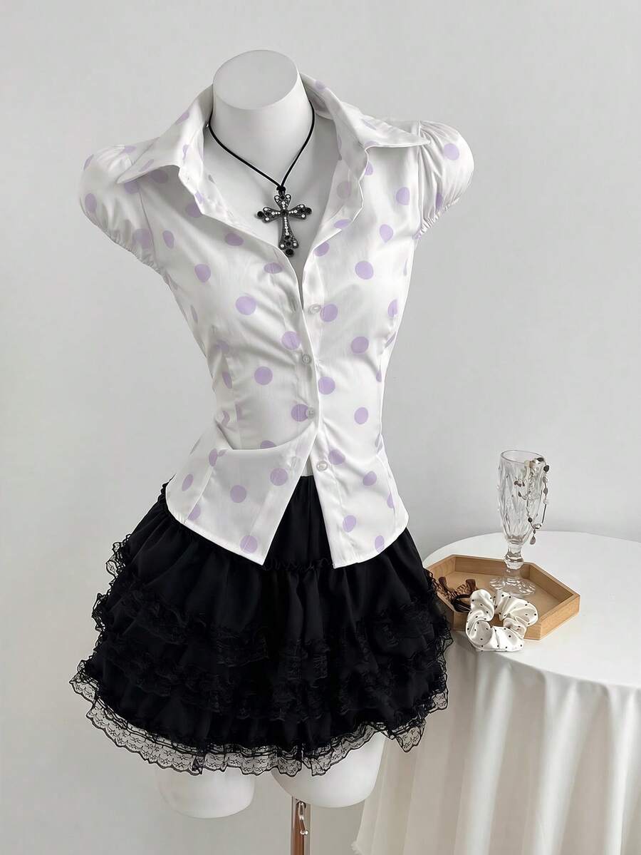 SHEIN Unity 女款夏季甜辣風波點印花繫帶收腰泡泡袖短袖襯衫 - 白色 - 查看 1