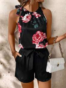 SHEIN Clasi 2pcs/Set Pink Floral Print Camisole & Shorts,Vacation Outfits Women - Black - View 6
