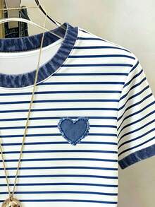 Resyla Women's Colorblock Striped Heart Print Crew Neck T-Shirt Travel Blue White Striped Summer Casual French - White - View 4